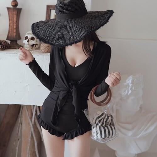 Sexy Two Pieces Bikini Set Cover Up Swimwear Women Swimsuit Black Long Sleeve Bathing Suit Ruffle Beachwear One-piece Biquini