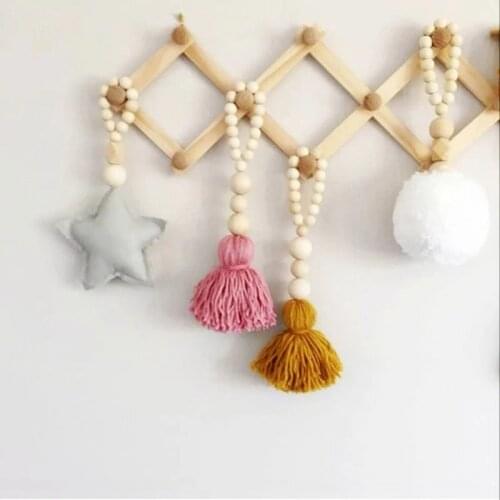 Nordic Wood Beads Tassel Garland Girls Boys Bedroom Decorations Tent Curtain Wall Hanging Ornaments Kids Room Decor Photo Props
