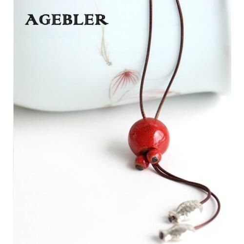 Handmade Unique Original Jewelry Ceramic Necklace Simple beaded and fish pendant Rope Necklace for Women Adorn Article