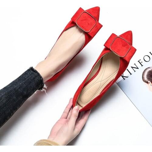 Women Flats Chinese Red Pointed Toe Basic Style Plus Size 31 32 33 34 42 43 Solid Color Office Lady Working Shoes Flock Leather