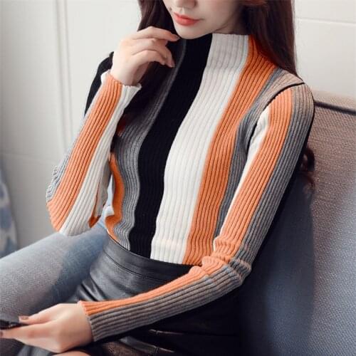 Knit Sweater Women Autumn Winter Stripe Pullover Sweaters High elasticity Half high collar Long sleeve Bottoming Sweaters Female
