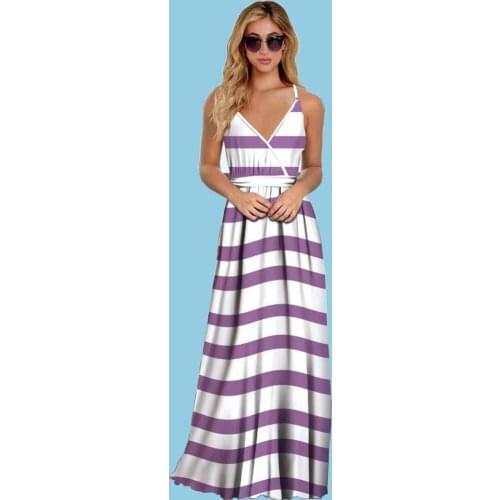 Summer Womens Dresses Fashion V Neck Print Horizontal Stripes Elastic Waist Sexy Halter Strap Ladies Long Skirt 2021 Robe Femme