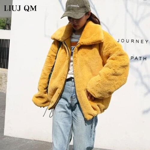 Women 2021 Autumn Winter Fashion Lapel Fur Coat Female 2021 Faux Rabbit Fur Thick Warm Soft Plush Zipper Overcoat Outerwear