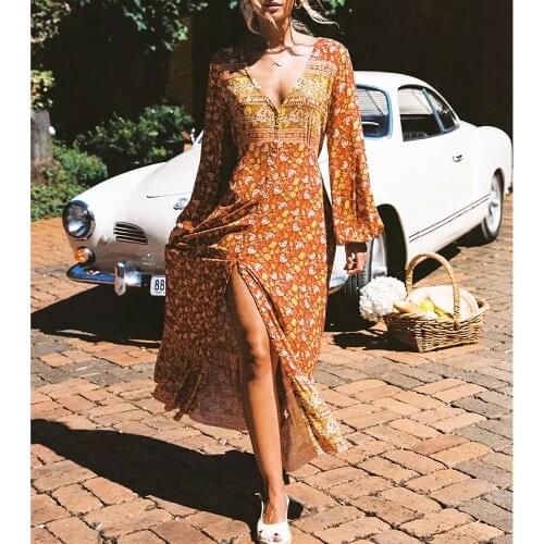 GypsyLady Floral Printed Women Dress Orange Summer Holiday Long Sleeve Dress Ruffles Split Sexy Chic Ladies Female Dresses 2021