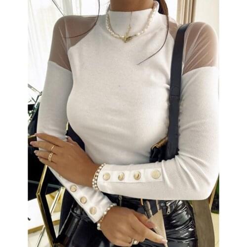 Blouse Women Turtle Neck See Through Mesh Patchwork Long Sleeve Buttons Pullover Blouse