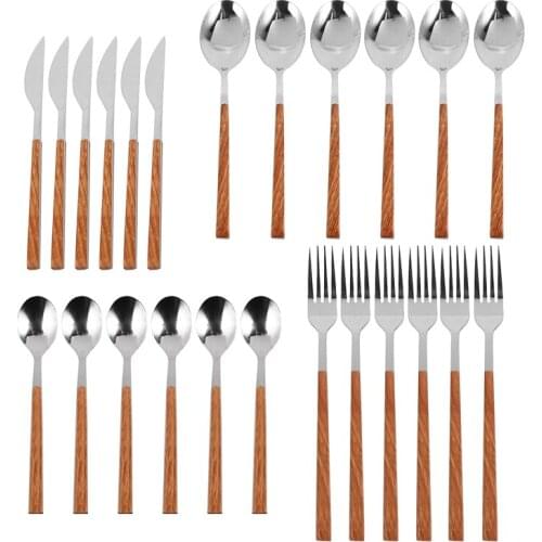 24Pcs 304 Stainless Steel Tableware Set Glossy Wood Silver Dinnerware Sets Western Food Knife fork Teaspoon Cutleries