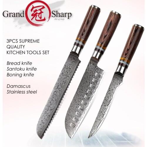 3 Pcs Damascus Knife Set Chef Santoku Bread Boning Kitchen Knives VG10 Japanese Damascus 67 Layers Steel Butcher Cooking Tools