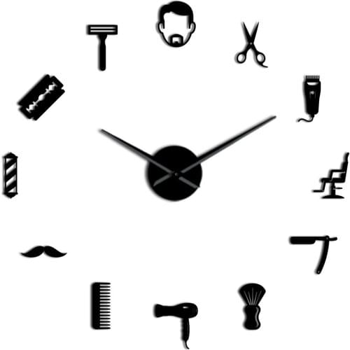 2021 3D Hot Selling DIY Large Wall Clock Beard Style Barber Shop Large Wall Clock Acrylic Wall Sticker Decorative Barber Tools