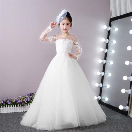 White Flower Girl Dresses Long Sleeves Lace Applique Tulle Ball Gown Kids First Holy Communion Dresses Pageant Gown Vestidos