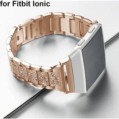 Rose-Gold Bling Metal Bracelet for Fitbit Ionic Band Replacement Strap with Folding Clasp Jewelry Watchband for Women Girls
