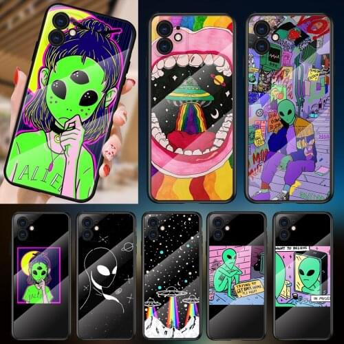 Tempered Glass Cover Aesthetics art alien space For Apple iPhone 12 11 8 7 6 6S XS XR SE X 2020 Pro Max Mini Plus Phone Case