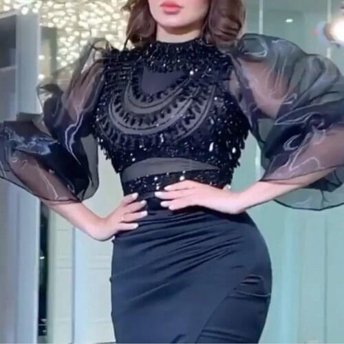 Black prom dresses 2020 high neck beading pearls short sleeve satin beaded evening dresses sheath formal dresses