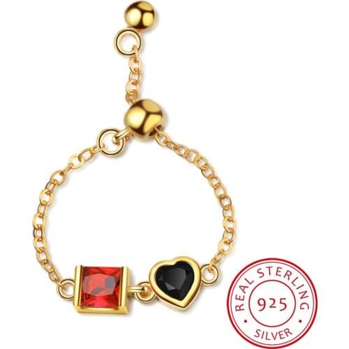 Two Colors 925 Sterling Silver Adjustable Love Heart Chain Index Finger Rings For Women anillos Bague S-R384