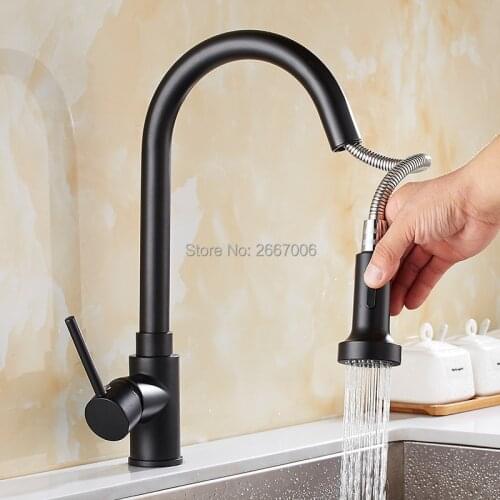 GIZERO Kitchen Faucet Polished Brass Pull Out Black Sink Faucet 360 Degree Rotatable Water Mixer Tap In Kitchen ZR356-2