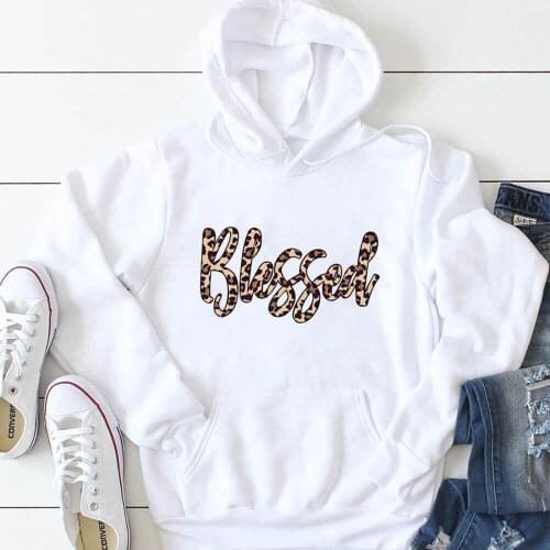 Blessed Leopard Printed 100%Cotton Women Hoodies Blessed Clothes Christian Spring Autumn Casual Pullovers Long Sleeve Hooded Top