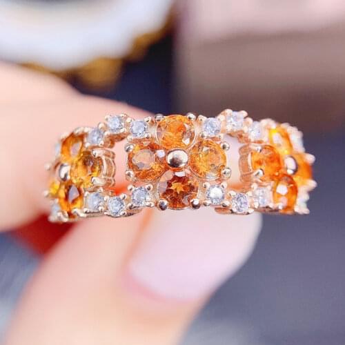 Natural real yellow citrine flower ring Free shipping 3*3mm 0.15ct*12pcs gemstone 925 sterling silver Fine jewelry J215296