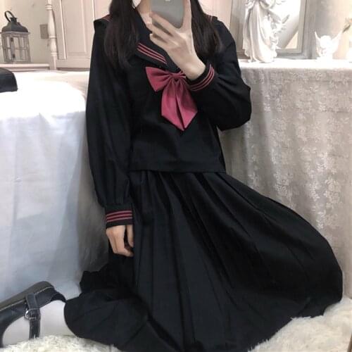 Japanese College Style Dark Basic JK Sailor Suit Long-Sleeved Student Pleated Skirt Two-Piece Female Autumn school uniform