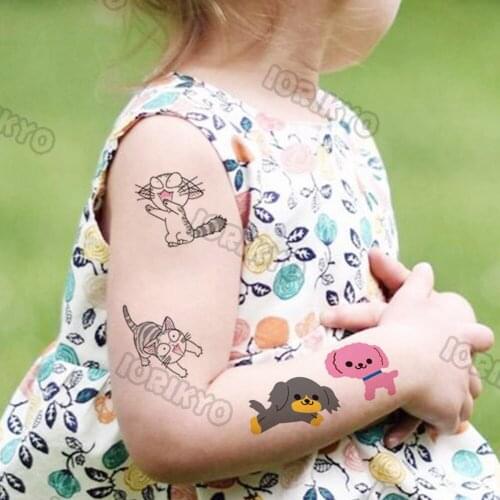 Cute Cat Dog Temporary Tattoos For Kids Baby Boys Girl Son Daughter Animal Tattoo Sticker Fake Watercolor Arm Tatoos Hands Face