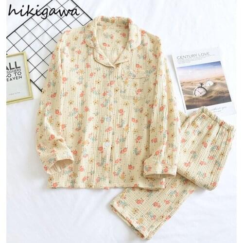 Hikigawa Flroal Soft Pajamas for Women Long Sleeve Trousers Suit Female Home Clothing 2021 Two Piece Set Pijamas De Mujer 97683