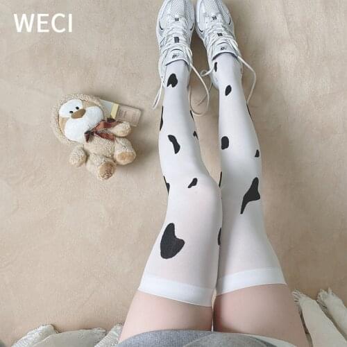 WECI White Thigh High Knee Strawberry Dairy Cow Patterned Socks Women Cotton Gothic Lolita Fancy Kawaii Stocking Anime Loli Girl