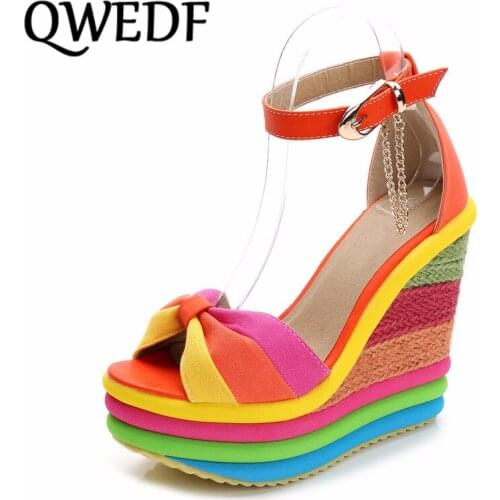 QWEDF New Sandals Platform Wedges Sandals Summer Bohemian Color Block Ankle Strap High Heels Sandal Women Straw Braid SD-96