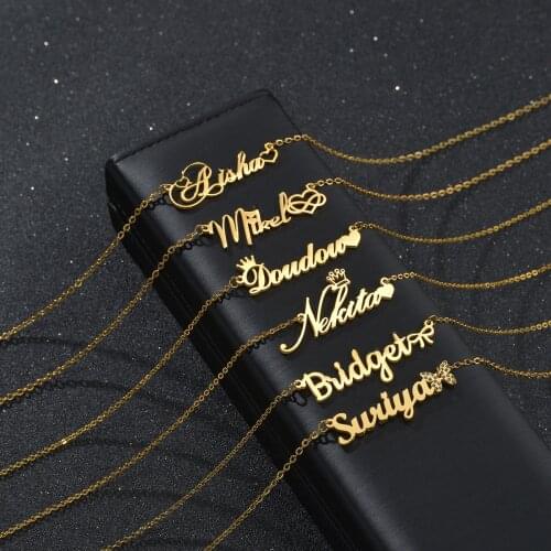 Acheerup Personalized Names Gold Stainless Steel Women Necklace Crown Heart Chain Pendant Custom Nameplate Crystal Jewelry Gifts