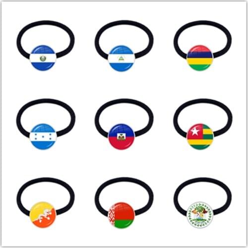 Sardova,Nicaragua,Mauritius,Honduras,Haiti,Togo,Bhutan,Belarus,Belize National Flag Glass Cabochon Elastic Hair Bands Women Gift