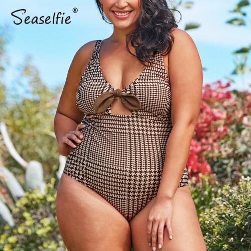 SEASELFIE Plus Size Brown Houndstooth Bow-knot One Piece Swimsuit Women Large Size Monokini Bathing Suit 2021 New Beach Swimwear