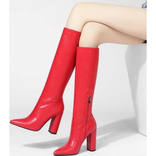 SKLFGXZY New knee boots warm Female boots black white red brown Womens boots 10cm High heels Autumn winter Womens shoes
