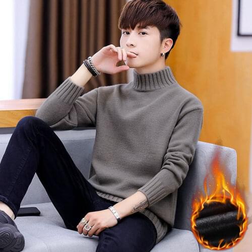 Sweater mens Plush thickened half high collar sweater solid color youth warm bottom sweater mens fashion