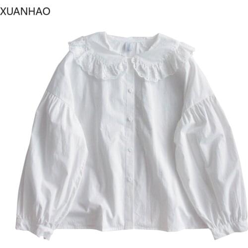 XUANHAO 2020 Autumn New Women Cotton White Blouses Peter Pan Collar Ruffles Lantern Sleeve White Blouse Sweet Mori Girls Shirt