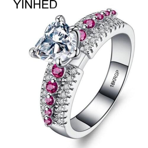 YINHED Fashion Heart Rings Luxury Round Red CZ Stones Rings With 18KRGP Stamp Gold Filled Wedding Ring For Women DD016
