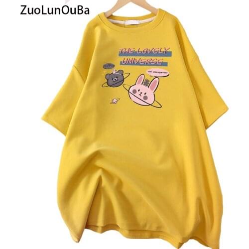 Print Cartoon Cute Pink Little Bear Rabbit Letters Harajuku Summer Casual Women T Shirt Long Tees Tops Female Plus Size L-6xl