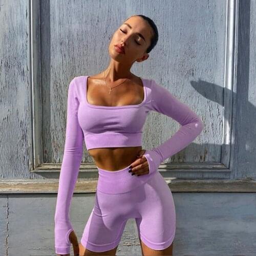 Womens Sexy Solid Color Long-sleeved Short T-shirt Shorts Casual Summer Cycling Fashion Sportswear Two-piece Clothing 2021 New