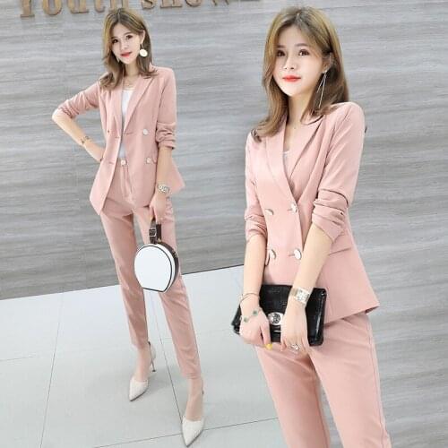 Womens suit 2019 new autumn double-breasted solid color professional wear fashion nine points feet pants womens two-piece suit