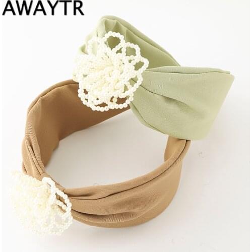 AWAYTR Pearl Flower Hair Bands For Women Headdress Solid Color Cloth Headband Bezel Girls Hairband Hair Hoop Hair Accessories