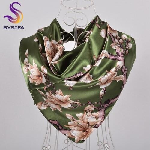 BYSIFA New Women Army Green Silk Scarf Hijab Fashion Brand Floral Square Scarves Wraps Spring Fall Muslim Ladies Head Scarf Cape