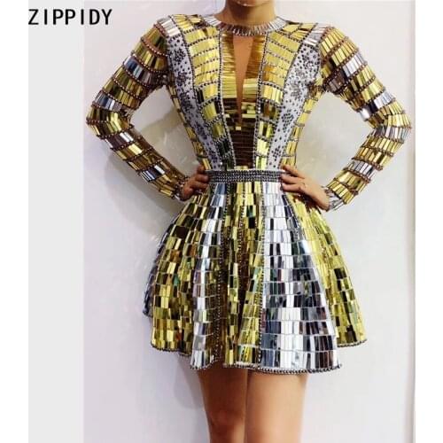 Silver Gold Sequins Rhinestone Backless Short Dress Prom Birthday Celebrate Outfit Bar Women Dancer DS Show Dress