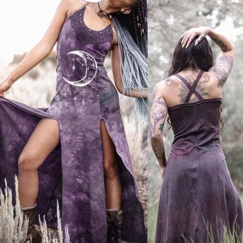 Halloween Medieval Vintage Gothic Punk Costume Adult Women Sexy High Split Slim Printed Party Dress Big Swing Dress Plus Size5XL