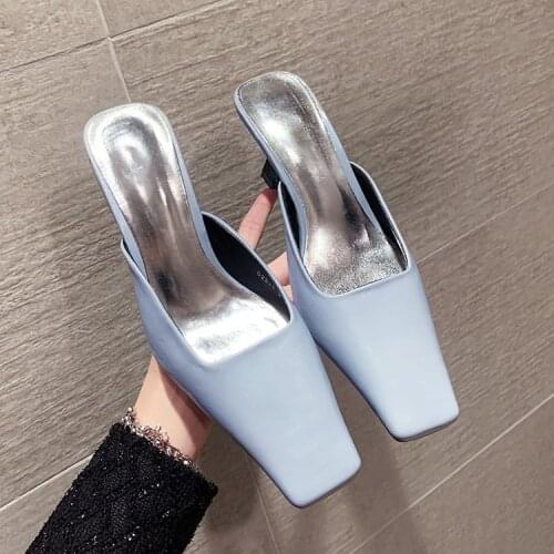 2021 Sexy Pointed Toe Women Slippers Rhinestone Design Thin High Heels Sandals Slides Shoes Woman Mules Shoes Outside Flip Flops