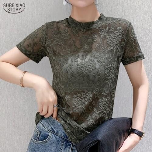 2021 Vintage Summer Tops Blusas Korean Fashion Clothing Slim Short Sleeve Lace Blouse Hollow Out Shirt Female Streetwear Style