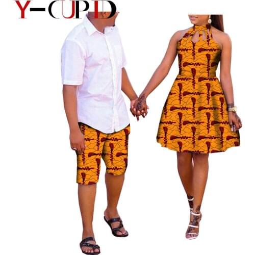 African Clothes for Couples Women Sexy Ankara Print Hollow Dresses Matching Men Shorts Pants Bazin Riche Love Clothing YA72C02