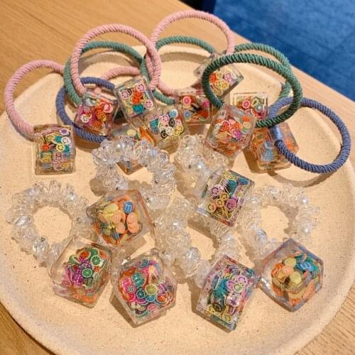 Cartoon Fruits Elastic Hair Band Korean Colorful Sequins Smile Square Hair Accessories Telephone Line Rubber Band Wholesale