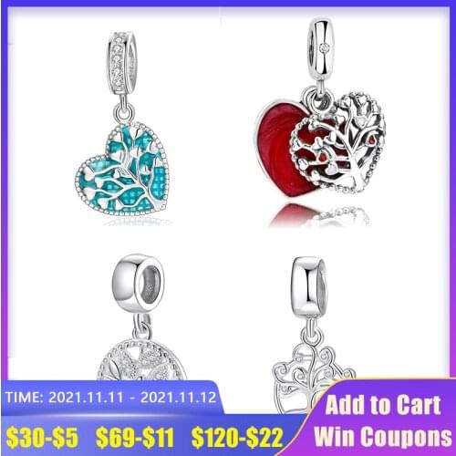 925 Sterling Silver Beautiful Tree of life pink heart enamel Pendant Beads Fit Original europeu Charm Bracelet Diy Jewelry