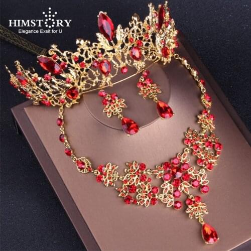 HIMSTORY Baroque Vintage Gold Red Crystal Bridal Jewelry Sets Rhinestone Tiaras Crown Choker Necklace Earrings Wedding Accessory
