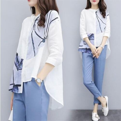Korean Fashion Suit Female Chiffon Printed Shirt Top and Pants Summer Two Piece Set OL Women Sets Casual Elegant Outfit
