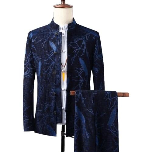 Chinese Style Men Stand-up Collar Suit 2 Piece Set Black Navy Blue Fashionable Male Blazers Jackets and Trousers