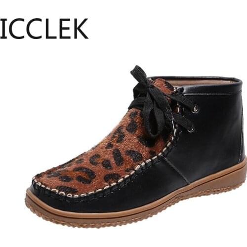 New 2020 Autumn Winter Women Boots Ankle Boots Thicken Brown Leather Hair Warm Boots Botas De Mujer Flat with Leopard
