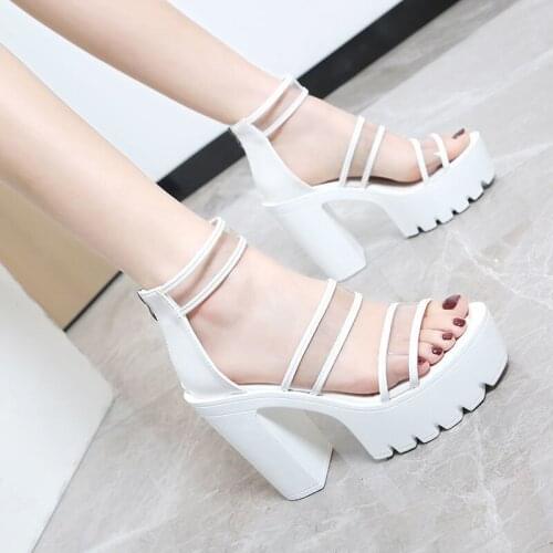 New Nightclub DJ Female Singer Dsstage Performance Shoes Transparent Fish Mouth Lace-up Super High Heel Chunky Heel Sandal Boots