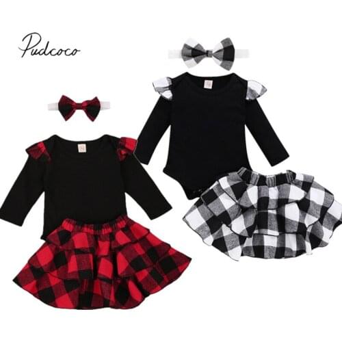 3Pcs Infant Newborn Baby Girl’s Clothes Fresh Solid Color Long-sleeved Jumpsuit and Plaid Ruffled Mini Skirt with Headband